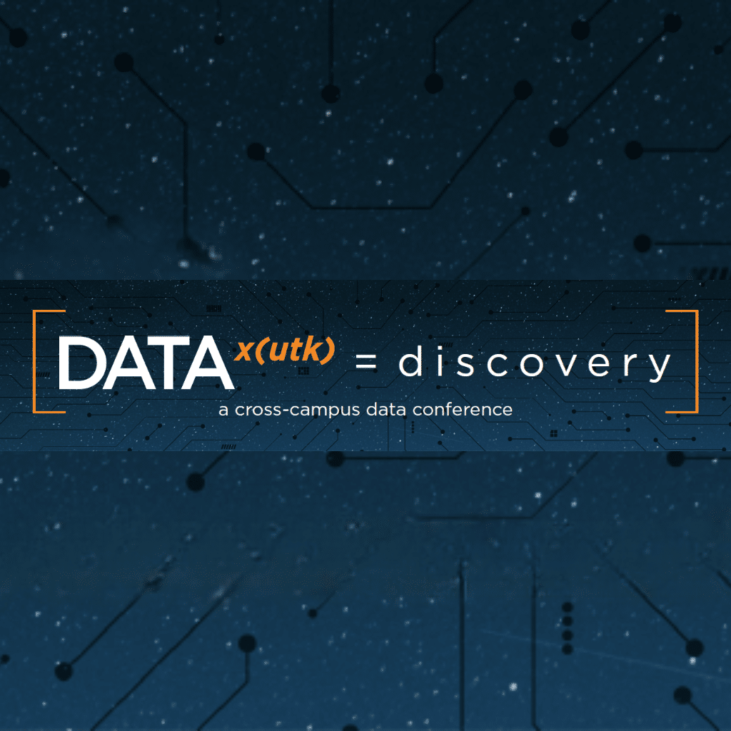 Abstract Digital Background with Black and Blue gradient. Data xUTK = discovery stylized as a math equation represents the title, with an accompanying subtitle of "a cross-campus data conference"